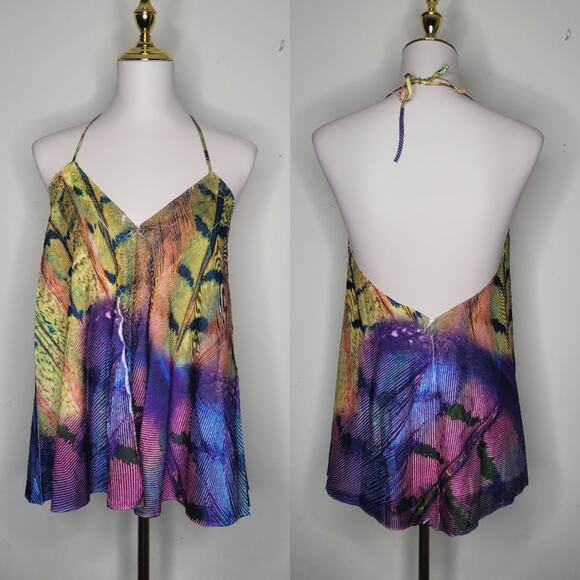 NWT Love Fire Sz S Purple Yellow Fairy Abstract Flowy Bright Dopamine Halter Top - Picture 1 of 7